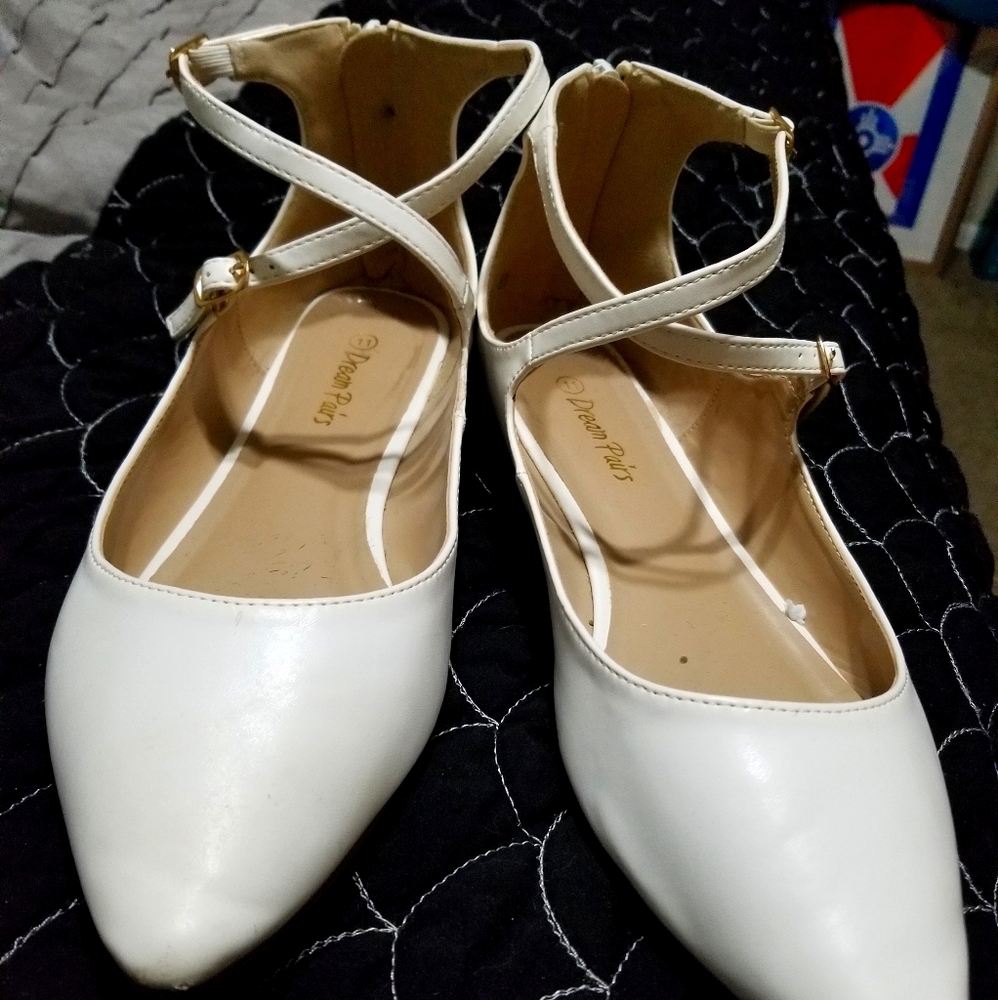 White Ankle Strap Pointed Toe Flats